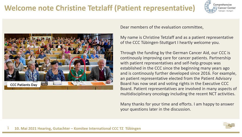 Welcome note Christine Tetzlaff (Patient representative)